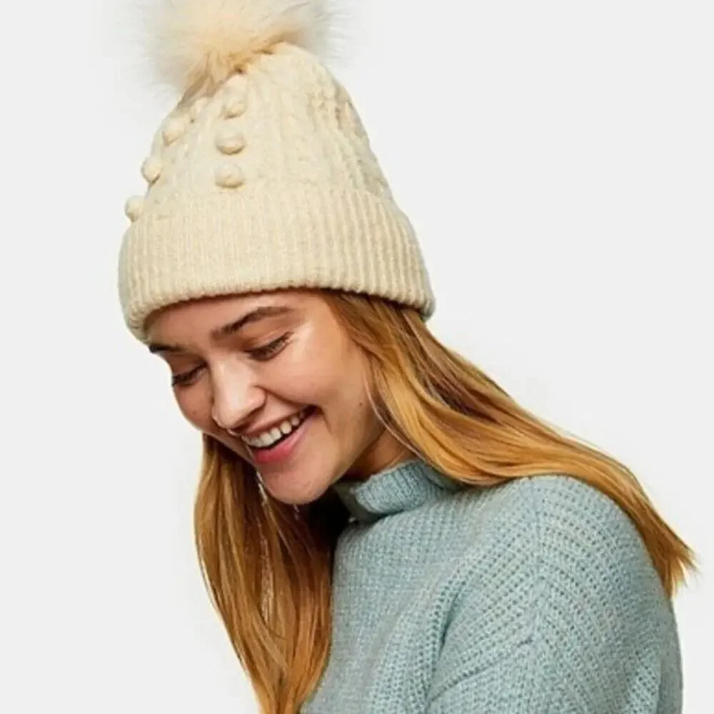 Topshop Bobble Bauble Knit Pom Beanie Women's One Size NEW  with tags Cream Cabl